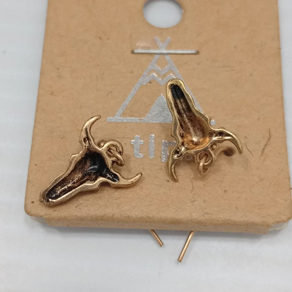 Tipi Western Bull Skull Earrings‎ Gold Tone Dangle Boutique Style Pierced